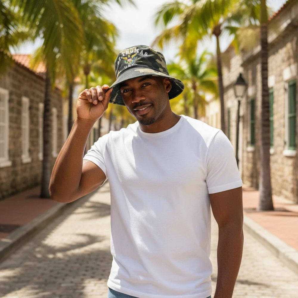 St. Thomas US Virgin Islands Camo Camouflage Canvas Bucket Hat Cap Beach Party